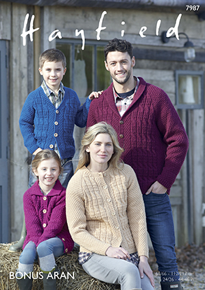 Hayfield 7987 Knitted Cardigans in Hayfield Bonus Aran (#4) weight yarn. For the whole family from 24"/26" to 44"/46".